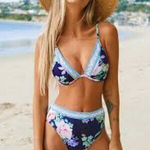 CUPSHE NAVY FLORAL BIKINI SET MARGARITA PUSH UP TOP & HIGH RISE BOTTOM SIZE MED